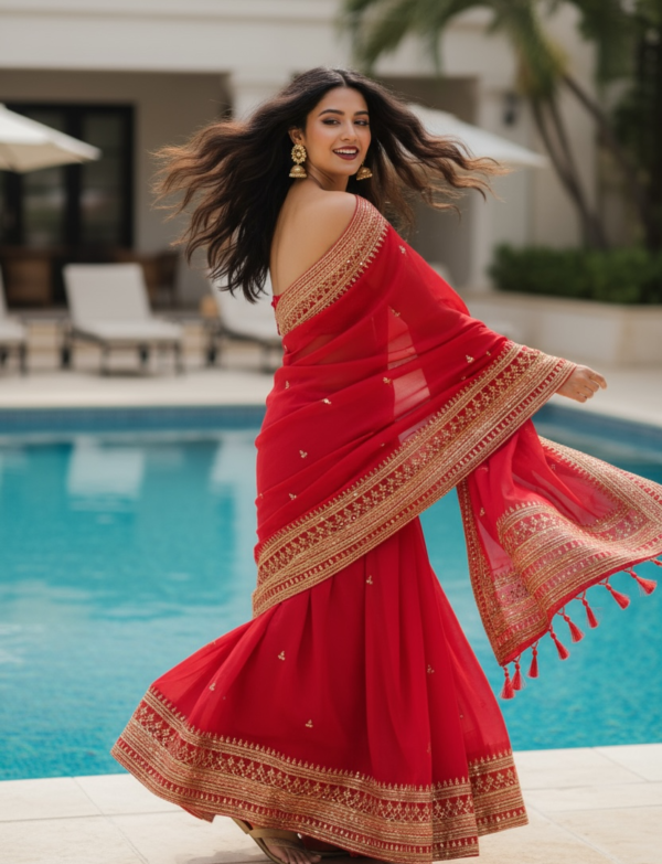 Red Muslin with Golden Zarquad Border