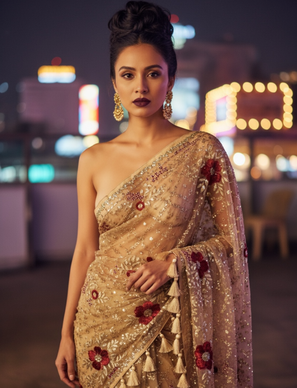 Golden Muslin with hand Embroidery and Heavy Zarquad Work