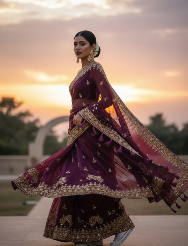 Maroon Muslin with Hand embroidary and heavy Zarquad Work