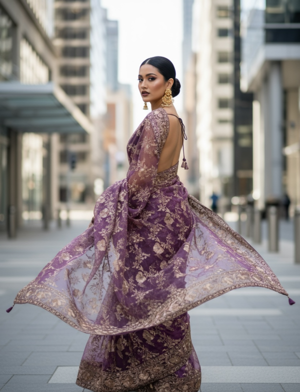 Mauve Muslin with Floral and Leaves Embroidery