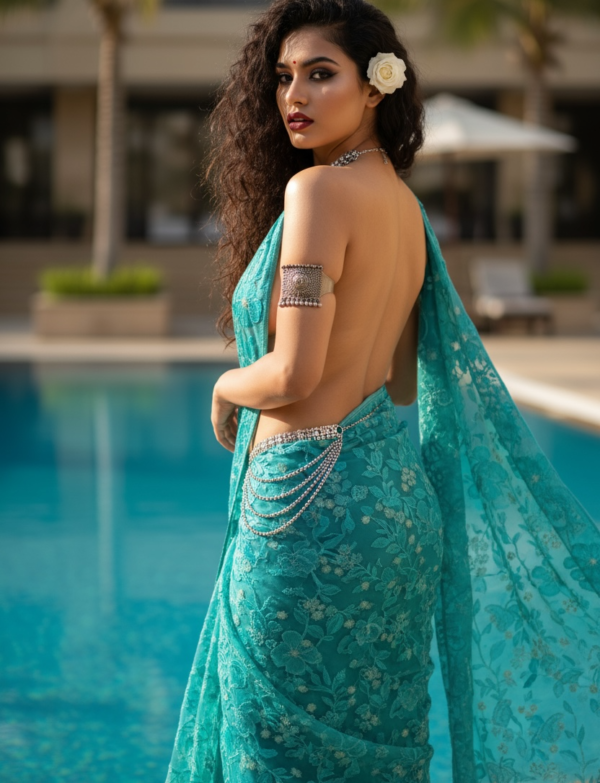 Sea Blue Muslin Saree with hand Embroidery