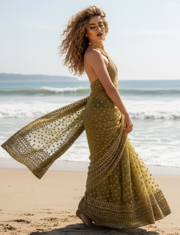 Olive Green Muslin with Heavy Zarquad work all over