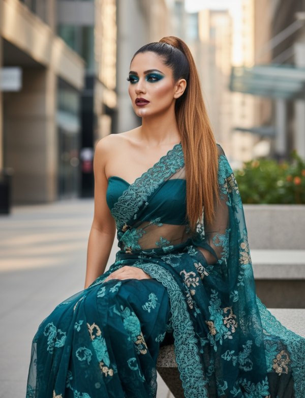 Peacock Blue Muslin Silk Saree with Hand Embroidary all over