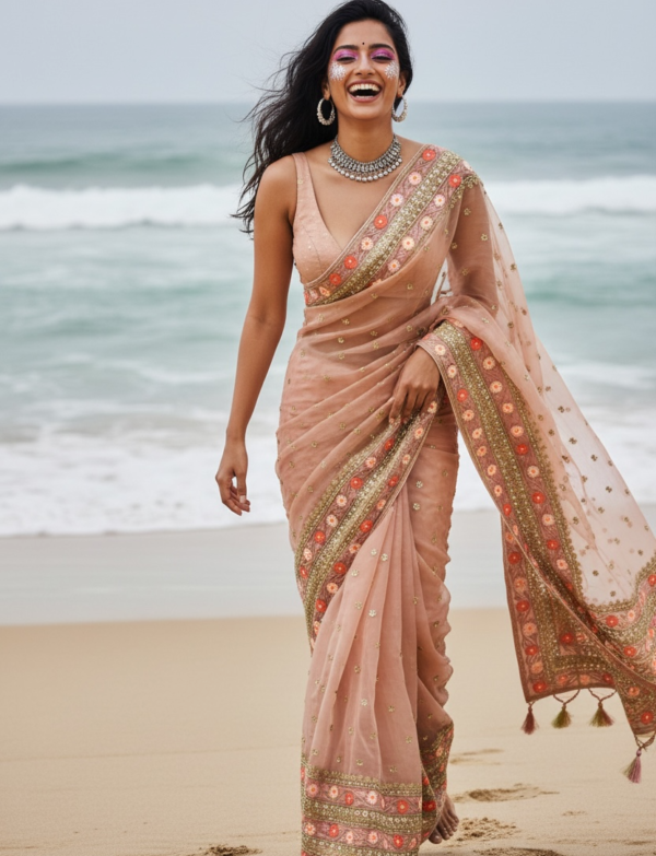 Peach Muslin Saree