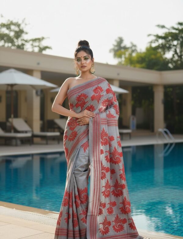 Silver Mist, Crimson Bloom (Pure Silk Saree)