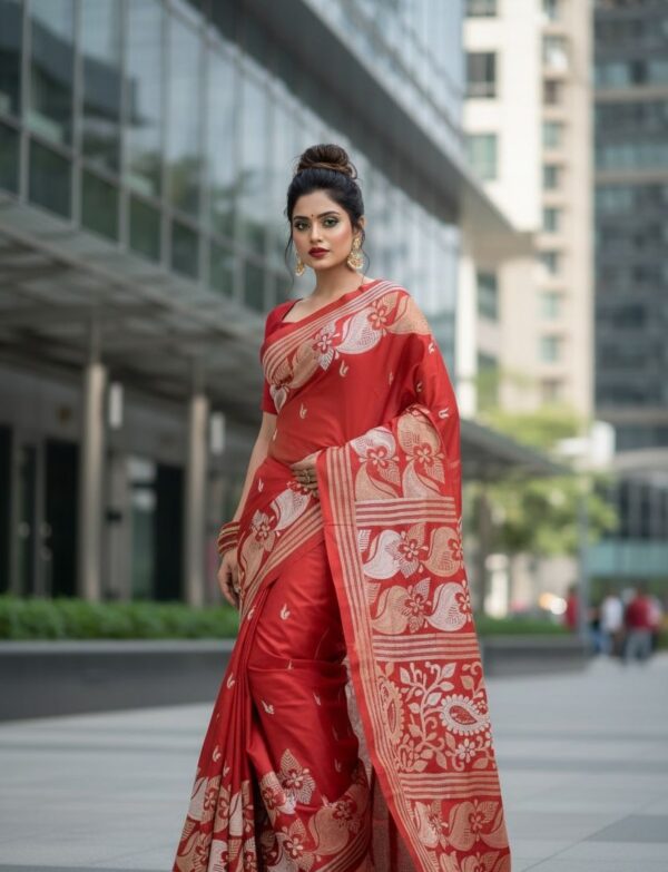 Crimson Joy, White Whisper (Pure Silk Nakshi Kantha Saree)